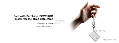 ISDT PB40 MINI power bank hanging from a POWERGO quick-release strap data cable loop held in hand