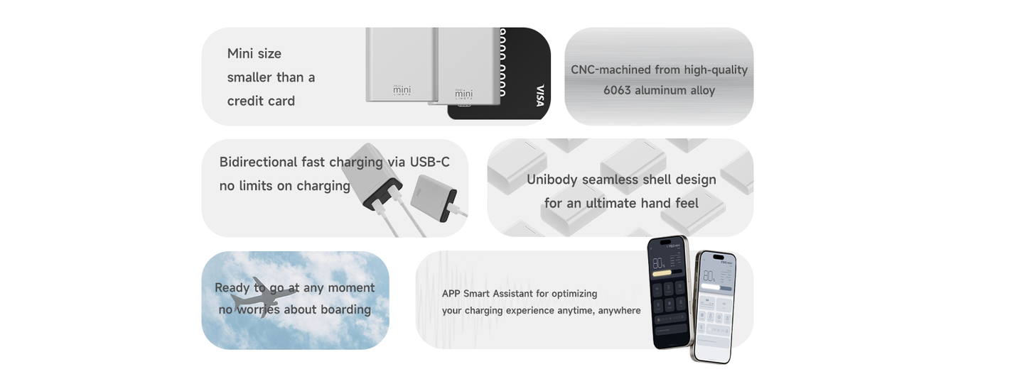 ISDT PB40 MINI power bank feature graphic with mini size, USB-C bidirectional fast charging, and 6063 aluminum shell