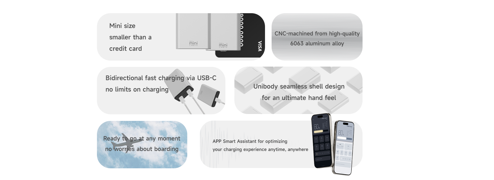 ISDT PB40 MINI power bank feature graphic with mini size, USB-C bidirectional fast charging, and 6063 aluminum shell