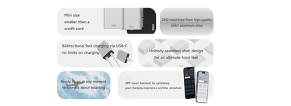 ISDT PB40 MINI power bank feature graphic with mini size, USB-C bidirectional fast charging, and 6063 aluminum shell