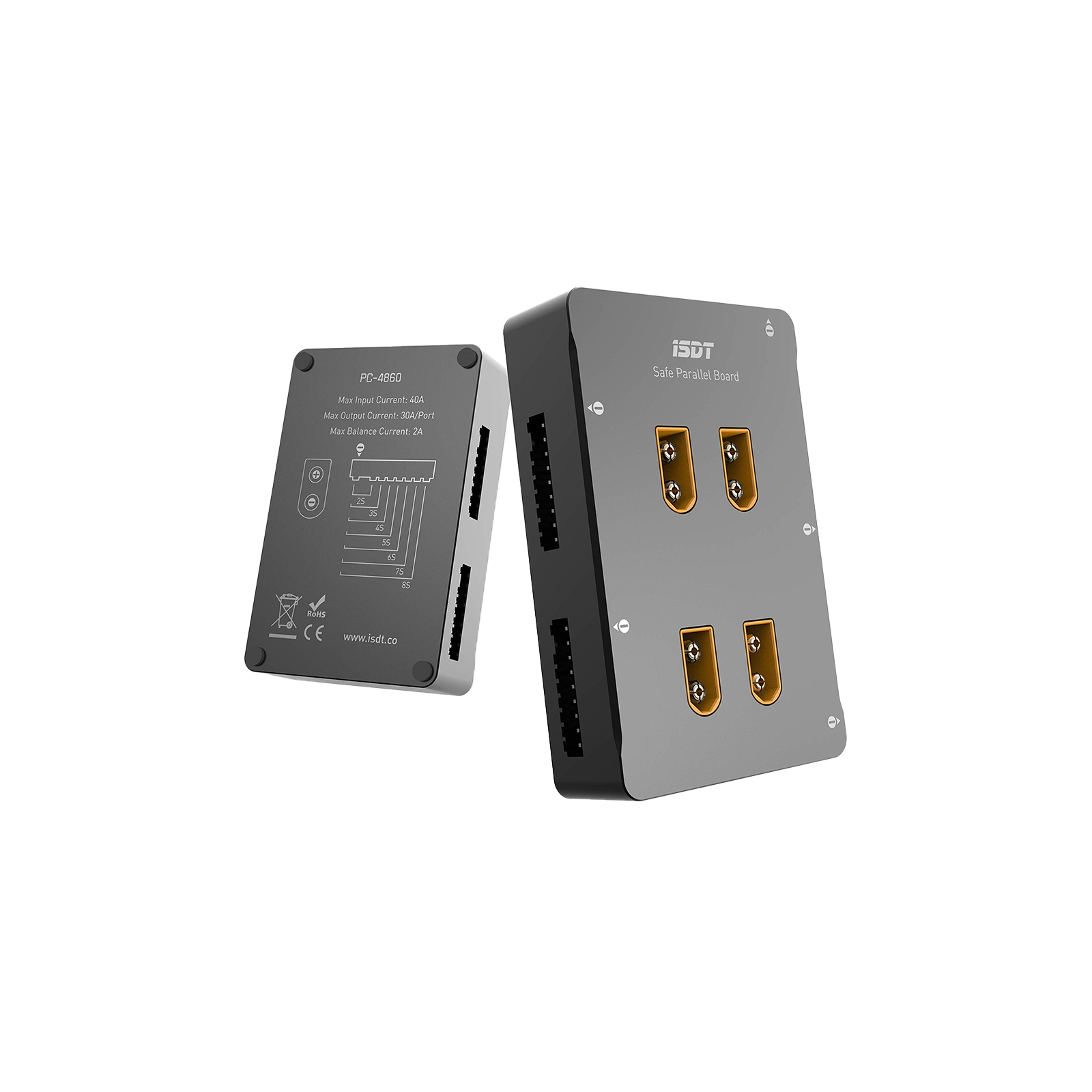 ISDT PC-4860 safe parallel charging board with four XT60 ports and side balance connectors (2S–8S)