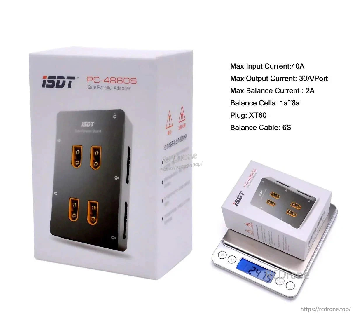 ISDT PC-4860S LiPo parallel charging board with four XT60 ports, 1S–8S balance support, 40A max input