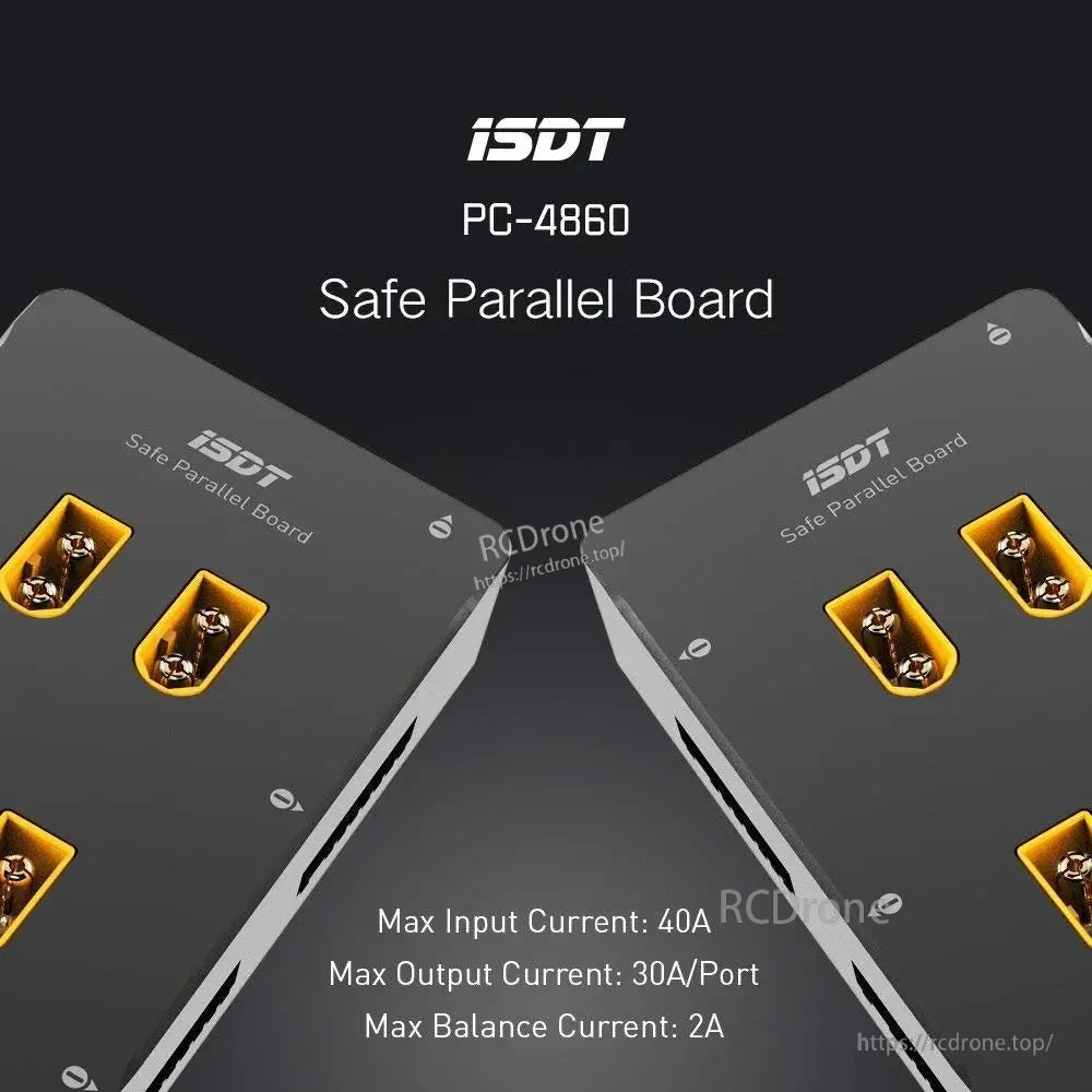 ISDT PC-4860 safe parallel charging board with multiple XT60 ports, rated 40A input, 30A per port, 2A balance