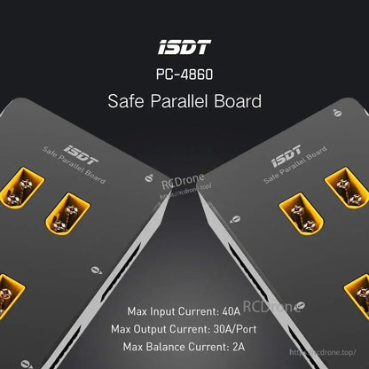 ISDT PC-4860 safe parallel charging board with multiple XT60 ports, rated 40A input, 30A per port, 2A balance