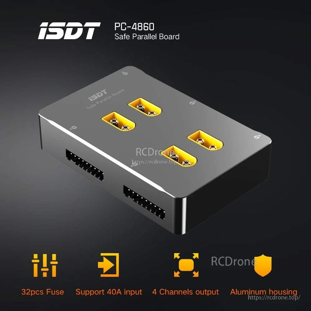 ISDT PC-4860 safe parallel charging board with four XT60 ports and side balance connectors in an aluminum case