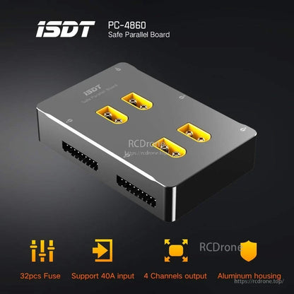 ISDT PC-4860 safe parallel charging board with four XT60 ports and side balance connectors in an aluminum case