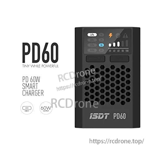 ISDT PD60 60W smart RC battery charger with display screen and vented honeycomb front panel