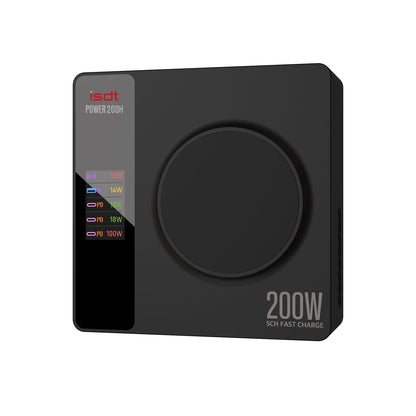 ISDT Power 200H USB-C Desktop Charger, ISDT Power 200H 200W 5-channel desktop charger with PD/QC power display and large center control dial