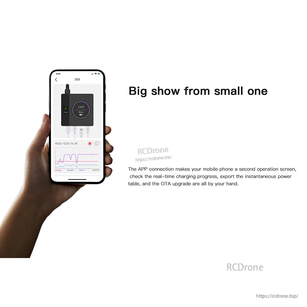 Smartphone app interface monitoring ISDT Power 200H USB-C desktop charger with real-time charging graph