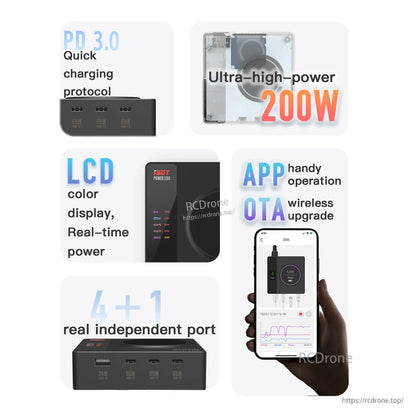 ISDT Power 200H USB-C Desktop Charger, ISDT Power 200H 200W desktop charger with color LCD, PD 3.0 fast charging, and multiple USB-C/USB-A ports