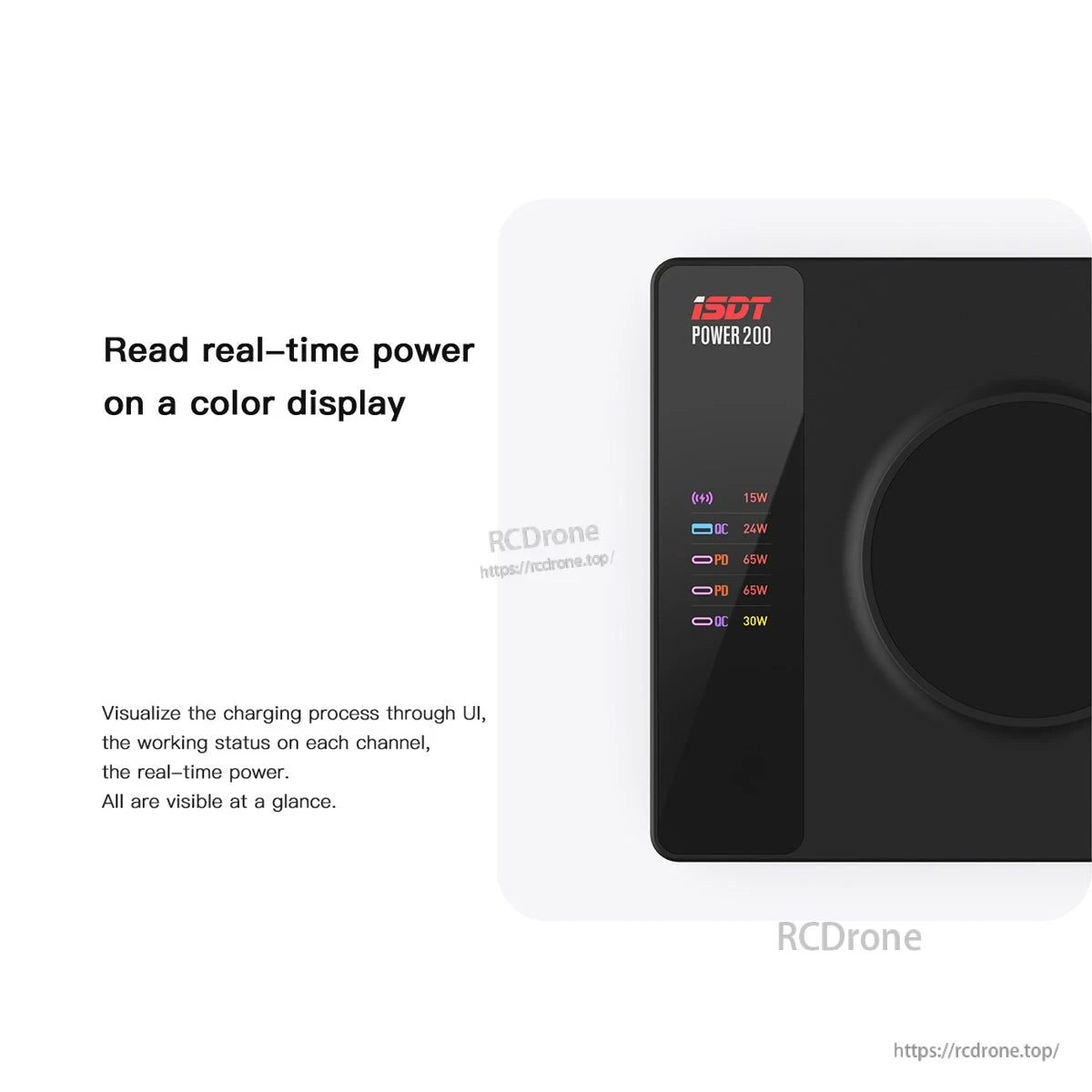 ISDT Power 200H USB-C Desktop Charger, ISDT Power 200 desktop charger with color display showing real-time power and per-channel charging status