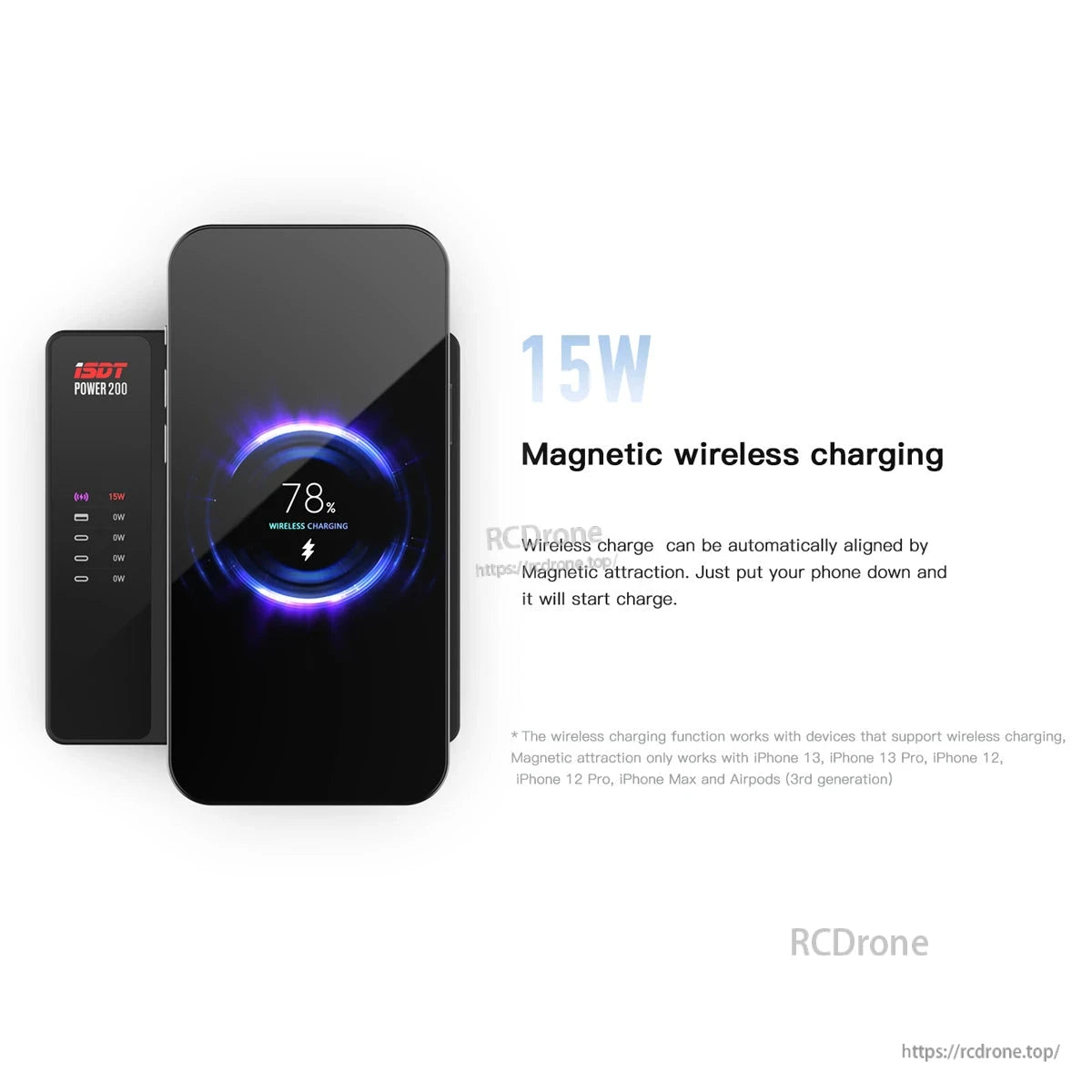 ISDT Power 200H USB-C Desktop Charger, ISDT Power 200 desktop charger with magnetic 15W wireless charging pad powering a smartphone