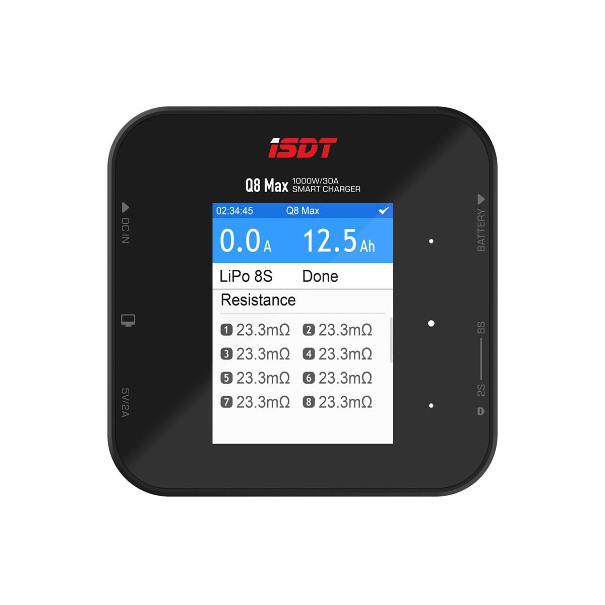 ISDT Q8 Max DC LiPo battery charger with color display showing LiPo 8S status and resistance readings