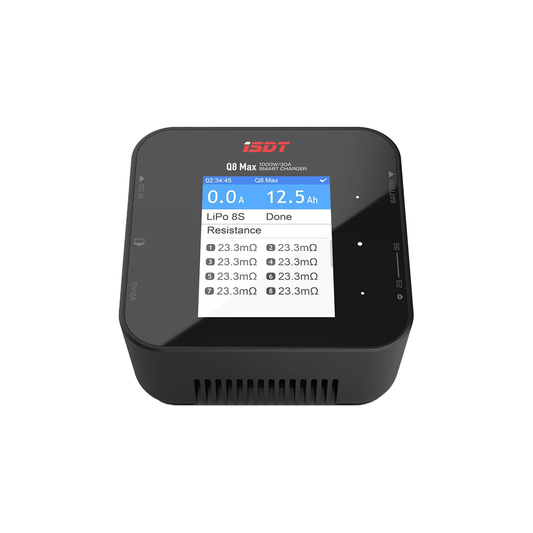 ISDT Q8 Max DC LiPo battery charger with color touchscreen showing LiPo 8S status and cell resistance readings