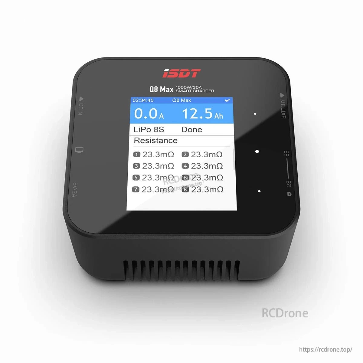 ISDT Q8 MAX DC LiPo Battery Charger, ISDT Q8 Max DC LiPo smart battery charger with color display showing LiPo 8S status and cell resistance readings