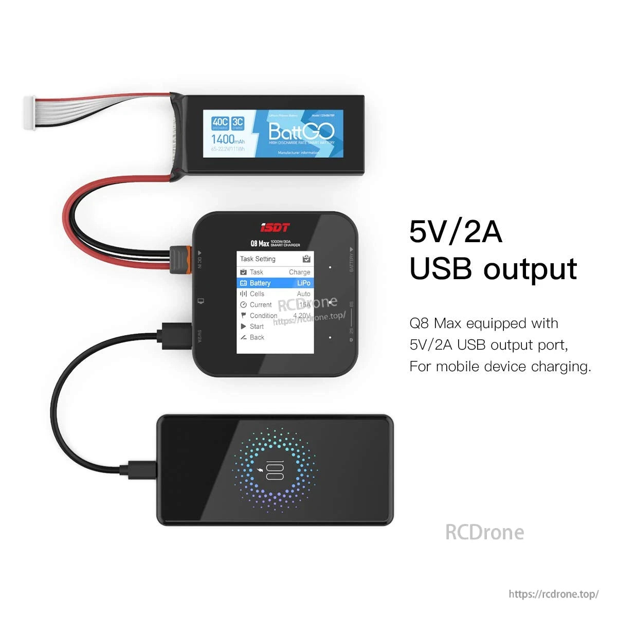 ISDT Q8 Max DC LiPo battery charger with color screen, connected LiPo pack, and 5V/2A USB output charging a phone
