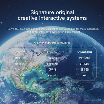ISDT Q8 MAX DC LiPo Battery Charger, ISDT Q8 Max charger interface graphic showing multilingual language options and online upgrade support