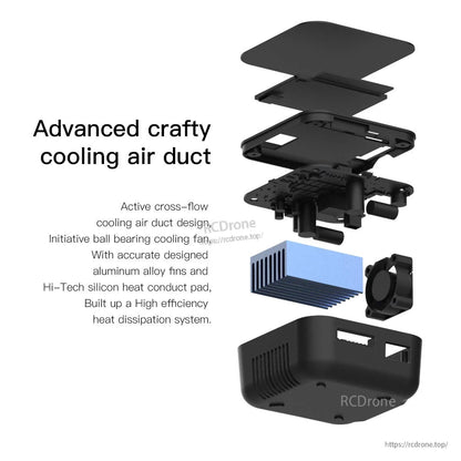 ISDT Q8 MAX DC LiPo Battery Charger, Exploded view of ISDT Q8 MAX DC LiPo charger cooling system with air duct, fan, and aluminum heatsink.