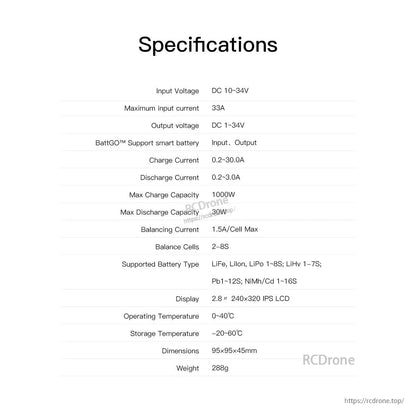 ISDT Q8 MAX DC LiPo Battery Charger, ISDT Q8 MAX DC LiPo charger specifications: DC 10–34V input, 0.2–30A charge, 1000W max charge, 2–8S balance