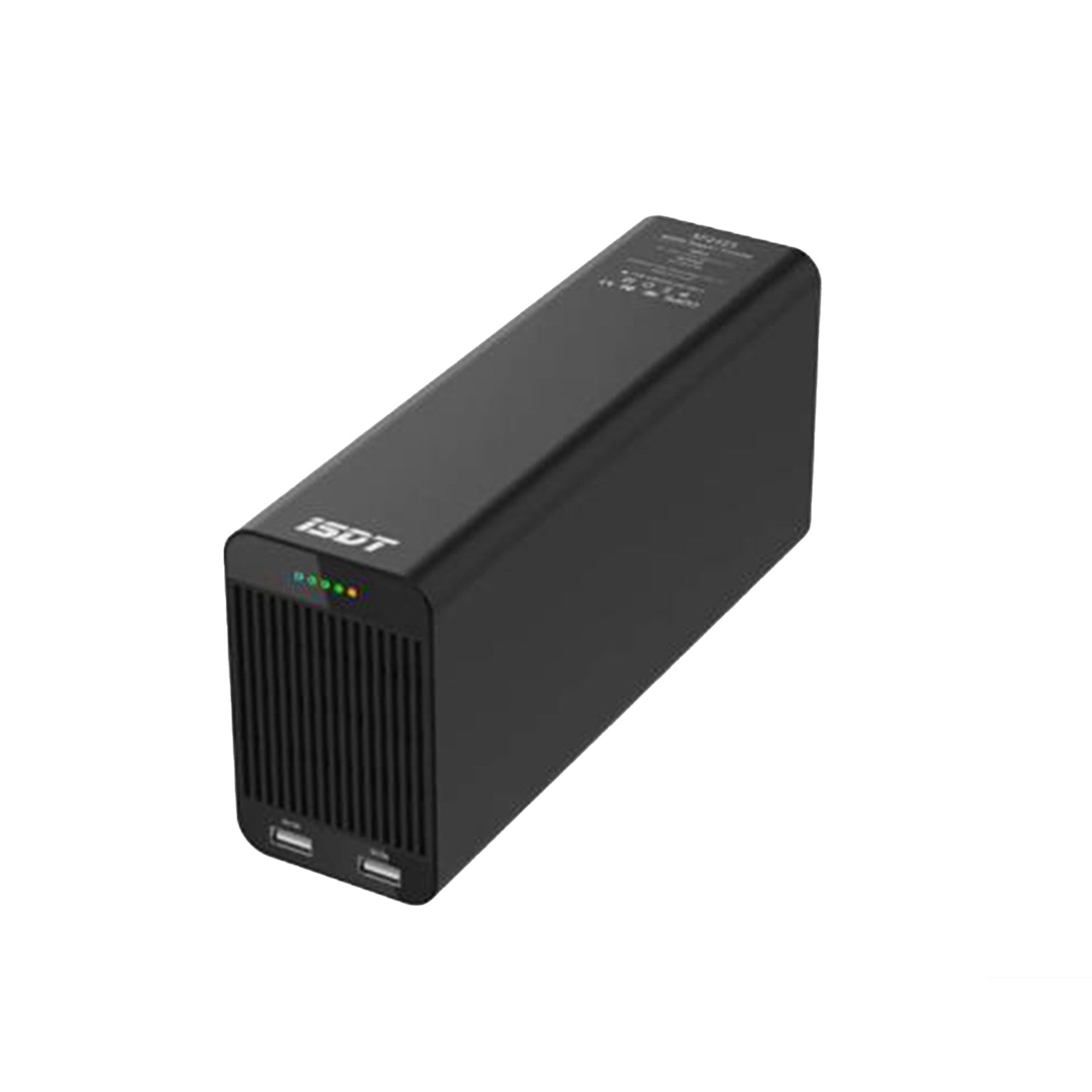 ISDT SP2425 DC power supply in black with vented front panel, LED status lights, and two USB output ports