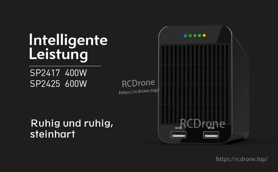 ISDT SP2425 DC power supply with vented front, status LEDs, and dual 5V/2A USB output ports