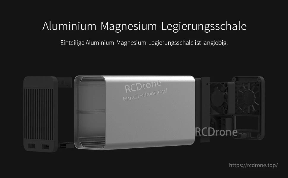 Exploded view of ISDT SP2425 DC power supply showing aluminum-magnesium alloy shell, vented end caps, and fan