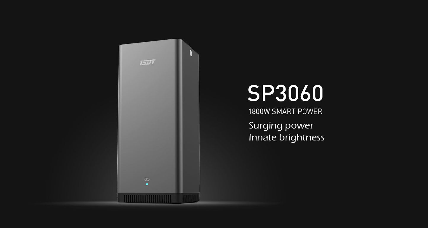 ISDT SP3060 DC power supply unit in dark gray tower-style case with SP3060 and 1800W smart power text