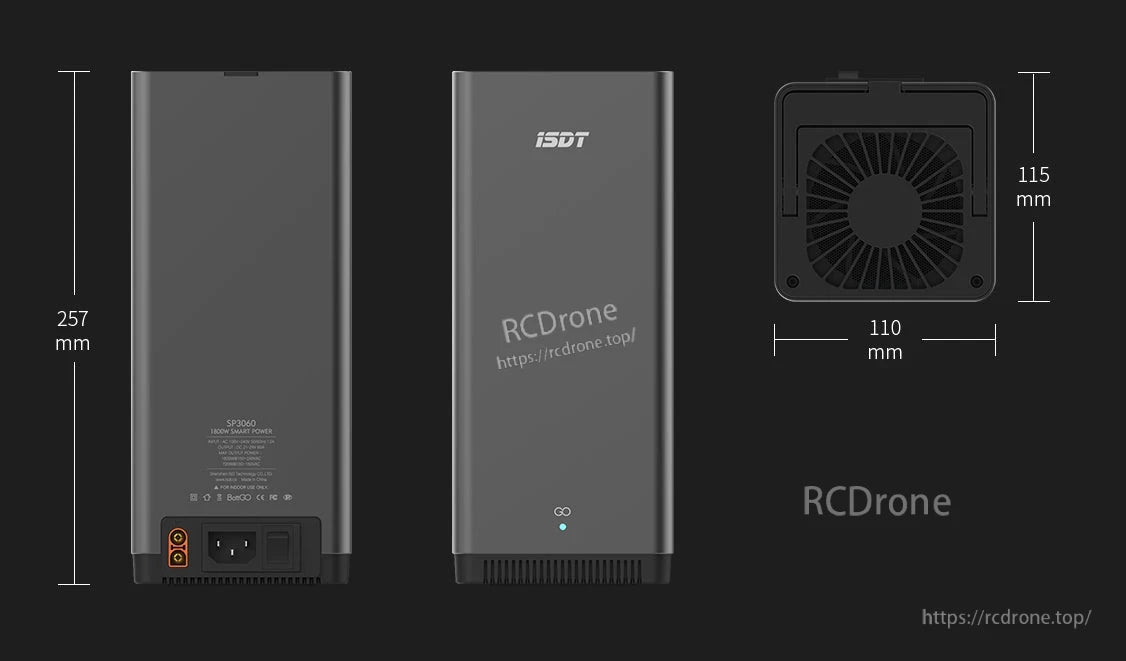 ISDT SP3060 DC power supply with AC inlet, power switch, dual output terminals, and 257 mm height dimensions