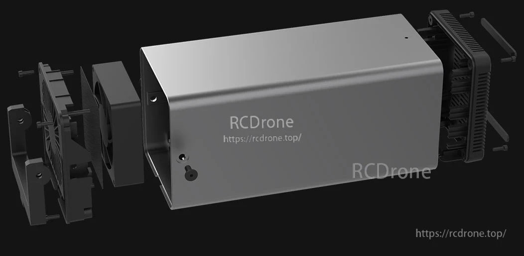 Exploded view of the ISDT SP3060 DC power supply showing the metal case and internal fan and heatsink assembly