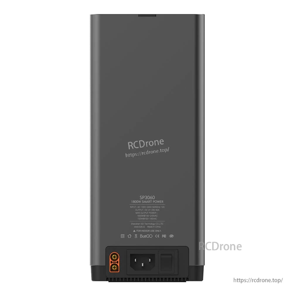 Back view of ISDT SP3060 DC power supply with IEC AC inlet, power switch, and orange DC output terminals.