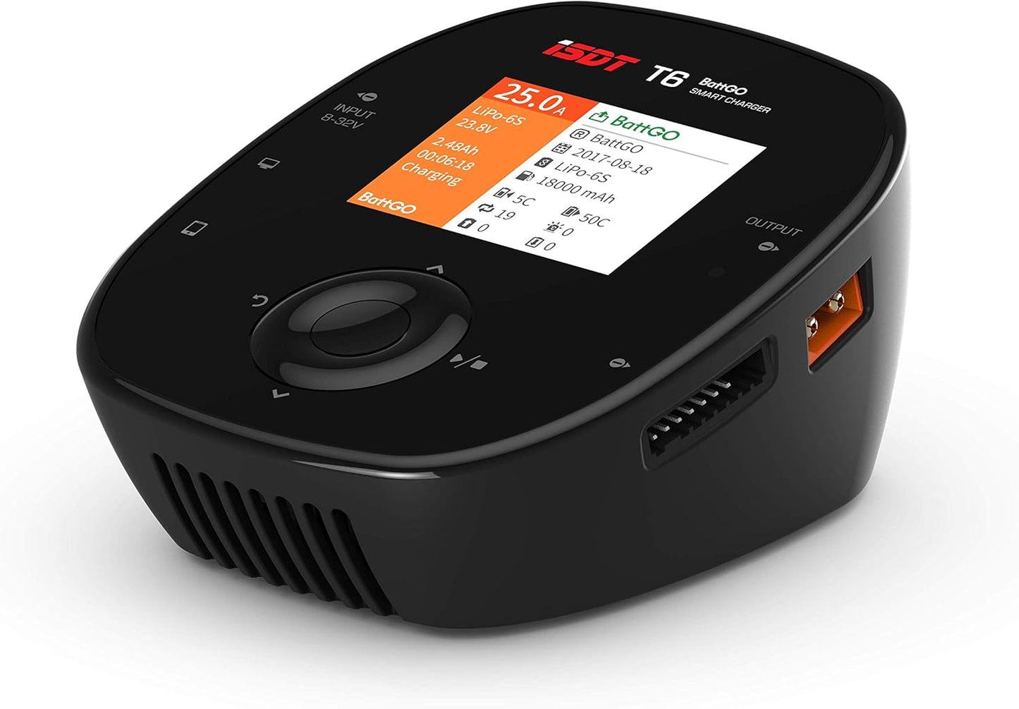 ISDT T6 Battgo Battery Charger, ISDT T6 BattGo smart battery charger with color screen, control wheel, XT60 output and balance port