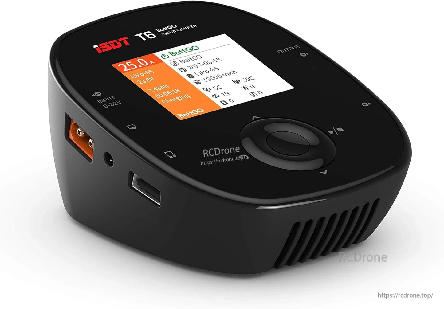 ISDT T6 Battgo Battery Charger, ISDT T6 BattGO smart battery charger with color display, control dial, USB port, and XT60 output connector