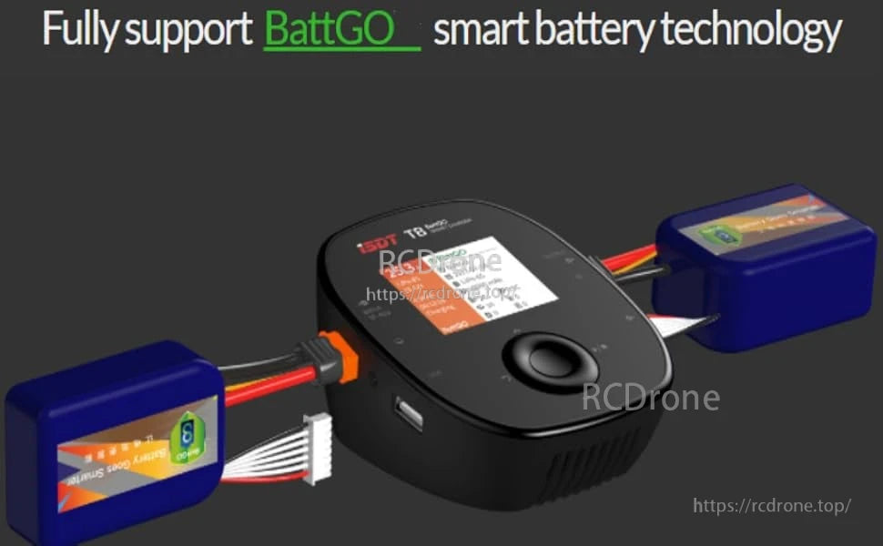 ISDT T6 Battgo Battery Charger, ISDT BattGo smart battery charger with screen and control knob connected to two blue RC batteries