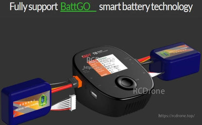 ISDT T6 Battgo Battery Charger, ISDT BattGo smart battery charger with screen and control knob connected to two blue RC batteries