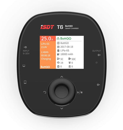 ISDT T6 Battgo Battery Charger, ISDT T6 BattGO smart battery charger with color screen showing LiPo-6S charge status and a central control knob