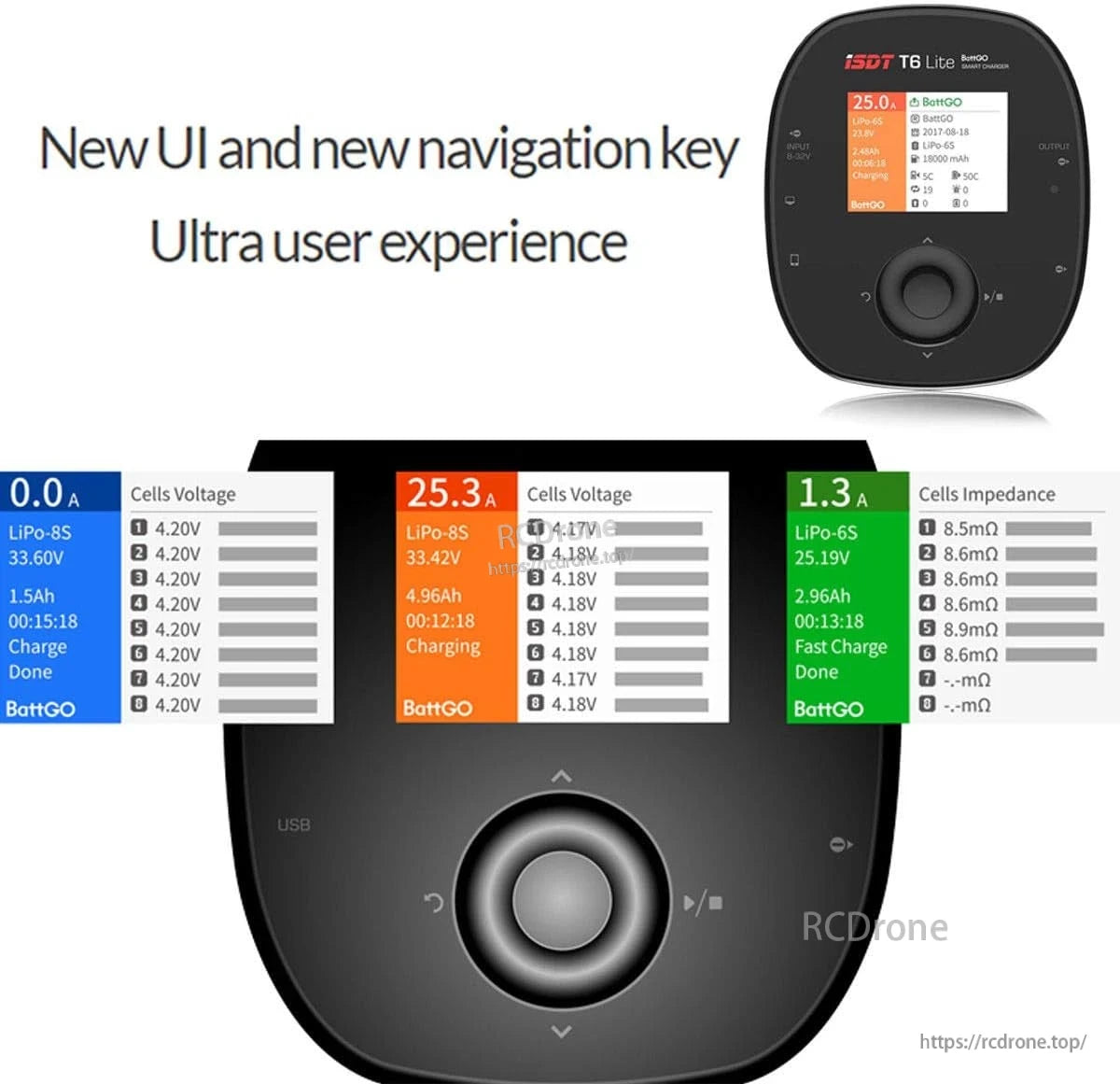 ISDT T6 Battgo Battery Charger, ISDT T6 Lite BattGO battery charger with color display and round navigation key showing cell voltage screens