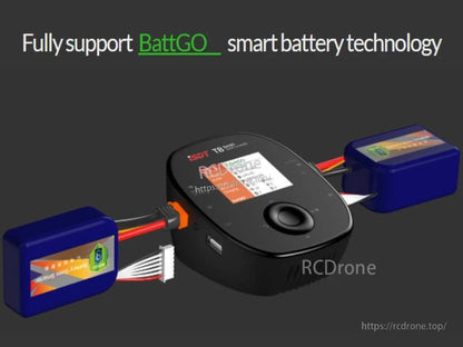 ISDT T6 Battgo Battery Charger, ISDT BattGo smart battery charger with color display and control knob connected to two batteries and balance lead
