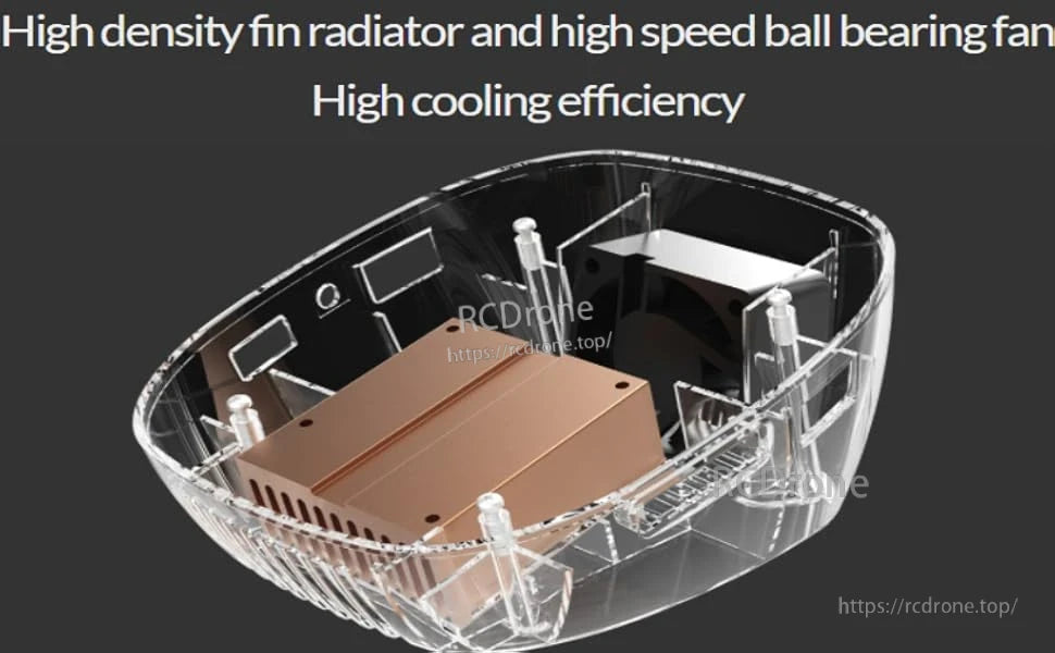 Internal view of ISDT T6 Battgo battery charger showing fin radiator heatsink and a high-speed cooling fan