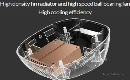 Internal view of ISDT T6 Battgo battery charger showing fin radiator heatsink and a high-speed cooling fan