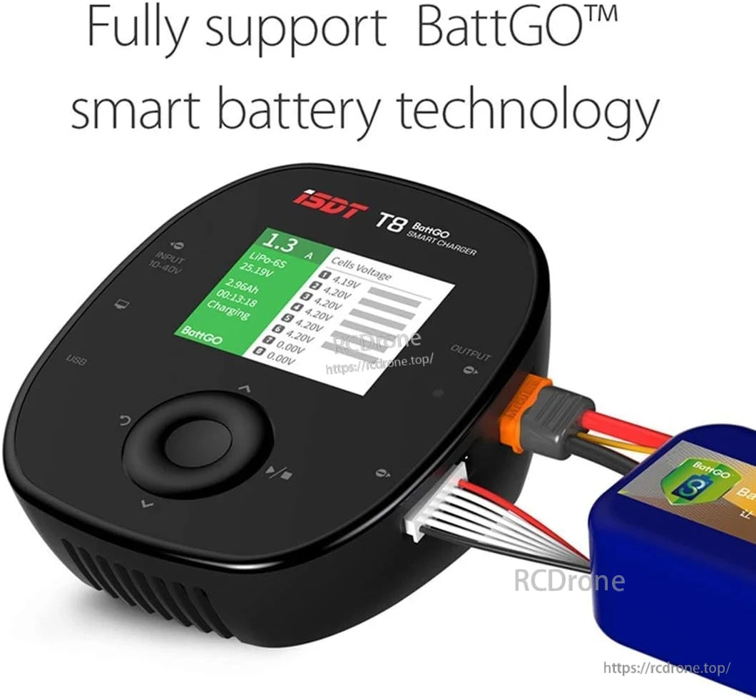 ISDT T6 Battgo Battery Charger, ISDT BattGO smart battery charger with color display, dial control, and balance lead connected to a BattGO pack
