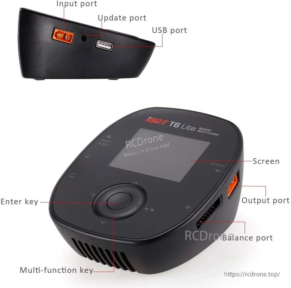 ISDT T6 BattGo battery charger with screen, enter/multi-function keys, and input, USB, output, and balance ports
