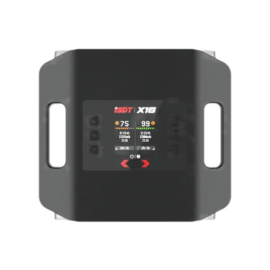 Top view of ISDT X16 dual channel LiPo battery charger with color display showing two channels and control buttons