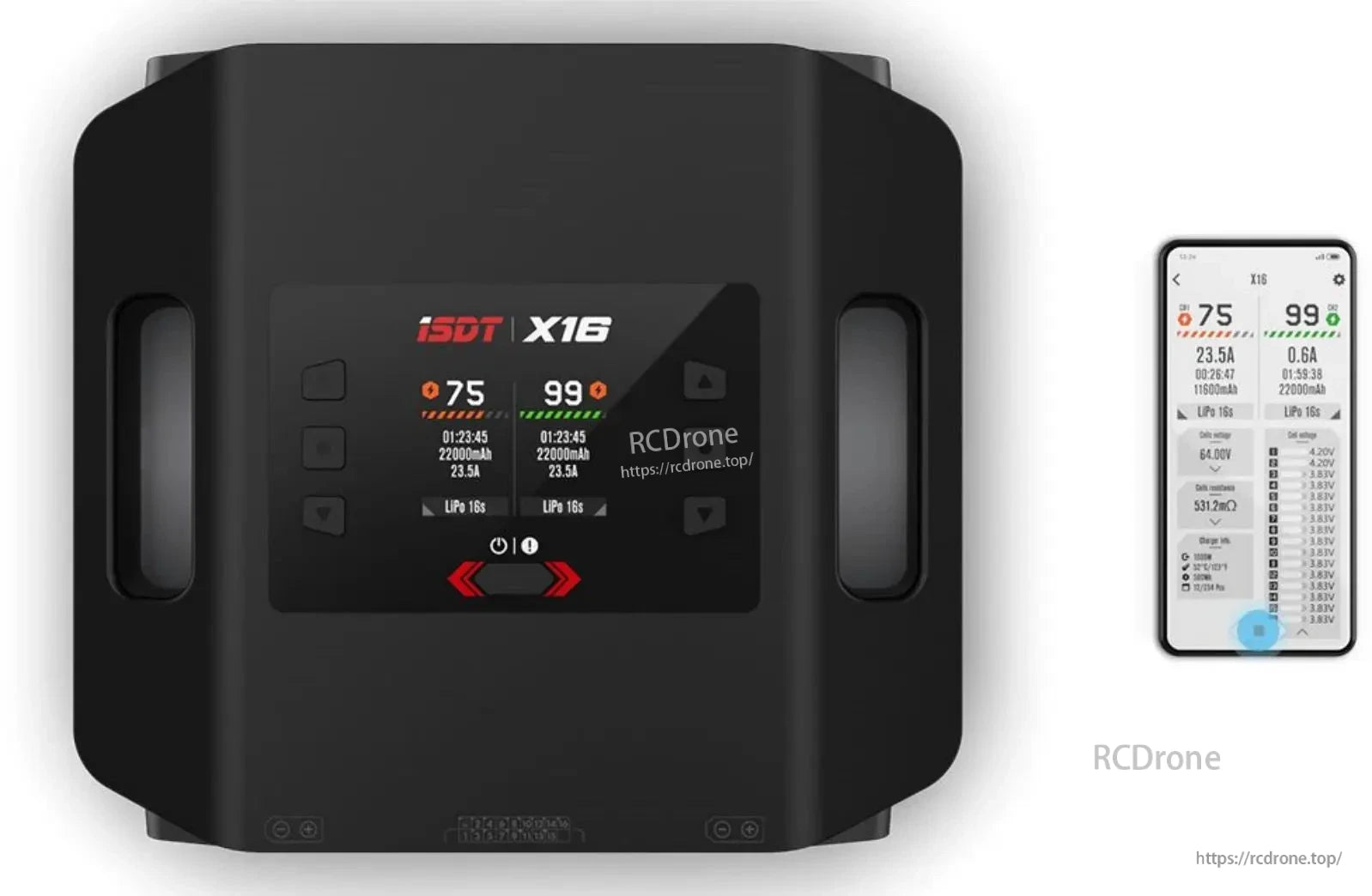 ISDT X16 Dual Channel LiPo Battery Charger, ISDT X16 dual-channel LiPo battery charger with color screen showing two channels, alongside a phone status display