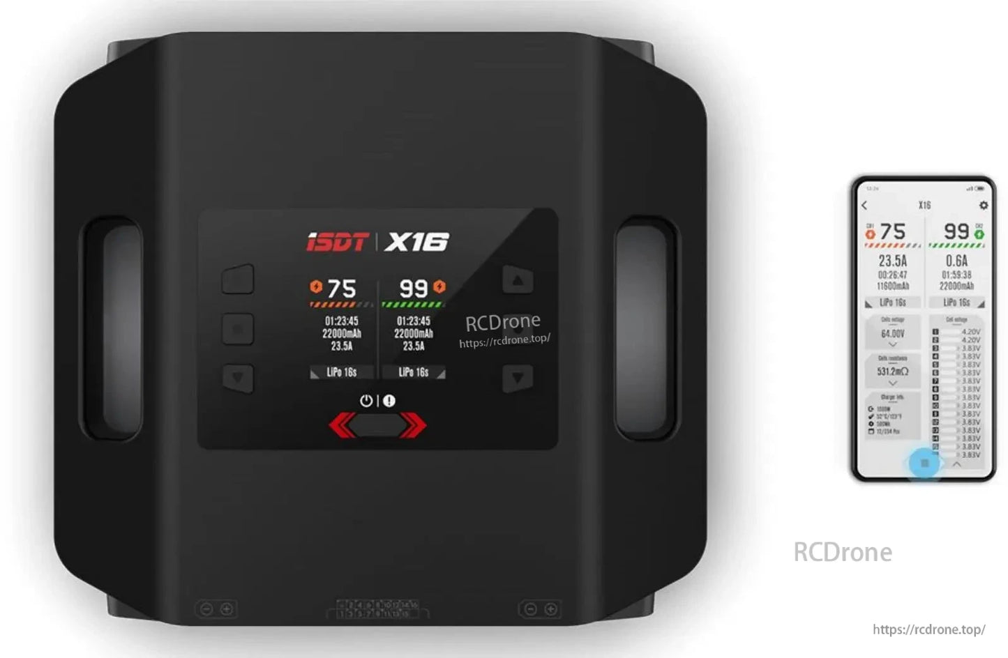 ISDT X16 Dual Channel LiPo Battery Charger, ISDT X16 dual-channel LiPo battery charger with color display showing two channels, alongside a smartphone app screen