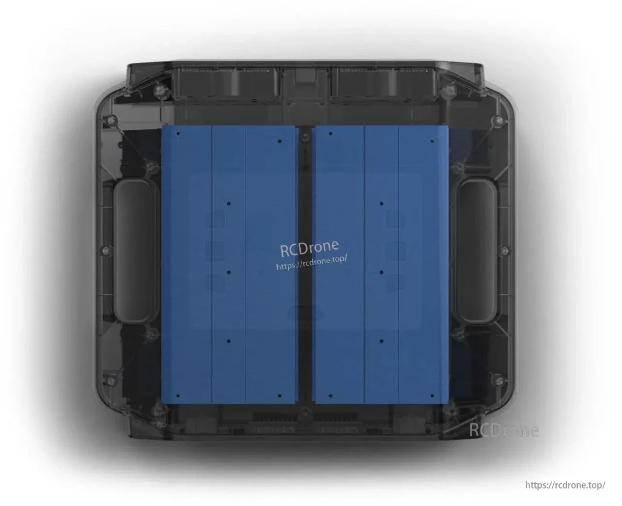 Top view of ISDT X16 dual channel LiPo battery charger with two side-by-side blue battery bays inside the case