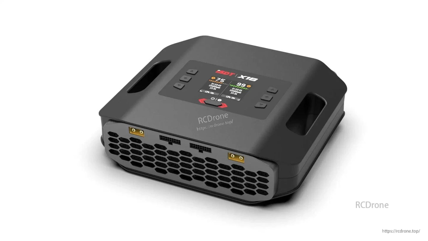 ISDT X16 Dual Channel LiPo Battery Charger, ISDT X16 dual-channel LiPo battery charger with color screen, side control buttons, and dual output ports