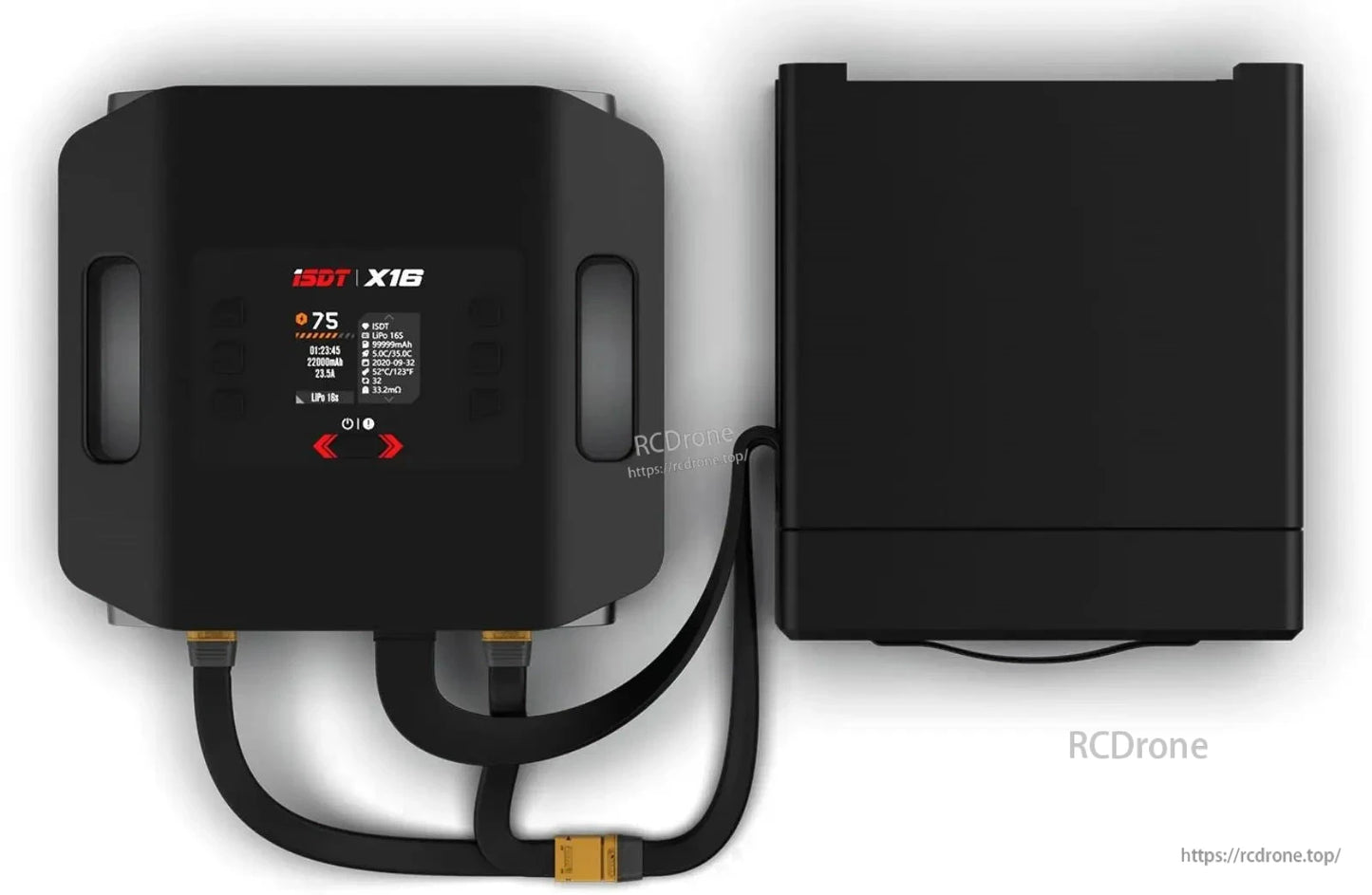ISDT X16 Dual Channel LiPo Battery Charger, ISDT X16 LiPo battery charger with color display, connected cables, and separate black power supply unit