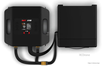 ISDT X16 Dual Channel LiPo Battery Charger, ISDT X16 LiPo battery charger with color display, connected cables, and separate black power supply unit