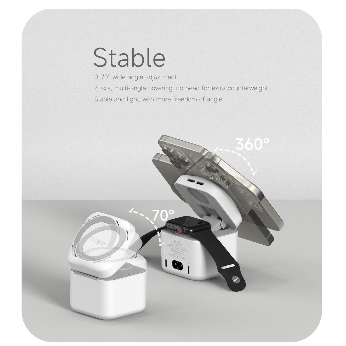 ISDT zip MagSafe charger stand with magnetic charging pad, 70° tilt adjustment and 360° rotating hinge