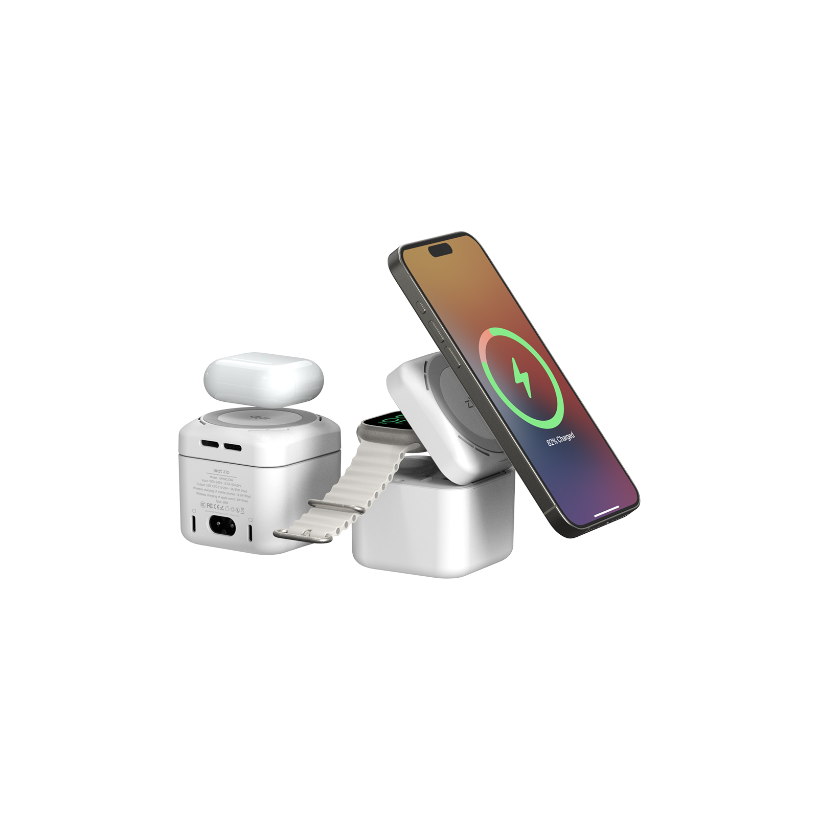 ISDT zip MagSafe charger cube with magnetic phone pad, AirPods top surface, and dual USB-C ports
